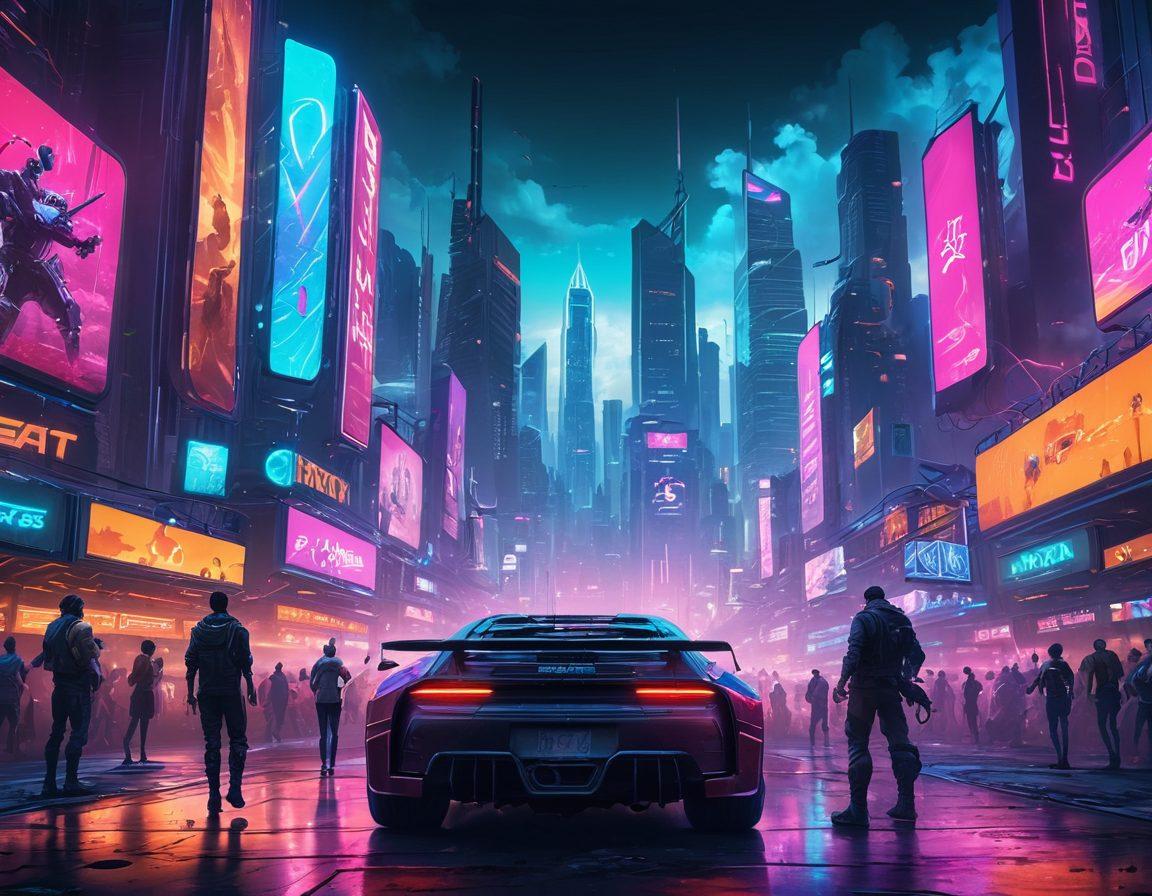 A dynamic gaming environment featuring a diverse group of gamers engaged in playful competition. The background displays a futuristic city skyline with neon lights and digital billboards announcing the latest games. Incorporate elements like gaming consoles, VR headsets, and colorful game graphics floating around. The atmosphere should be energetic and inviting, appealing to gaming enthusiasts of all ages. A blend of realism and digital art style enhances the excitement. vibrant colors. cyberpunk. 3D.