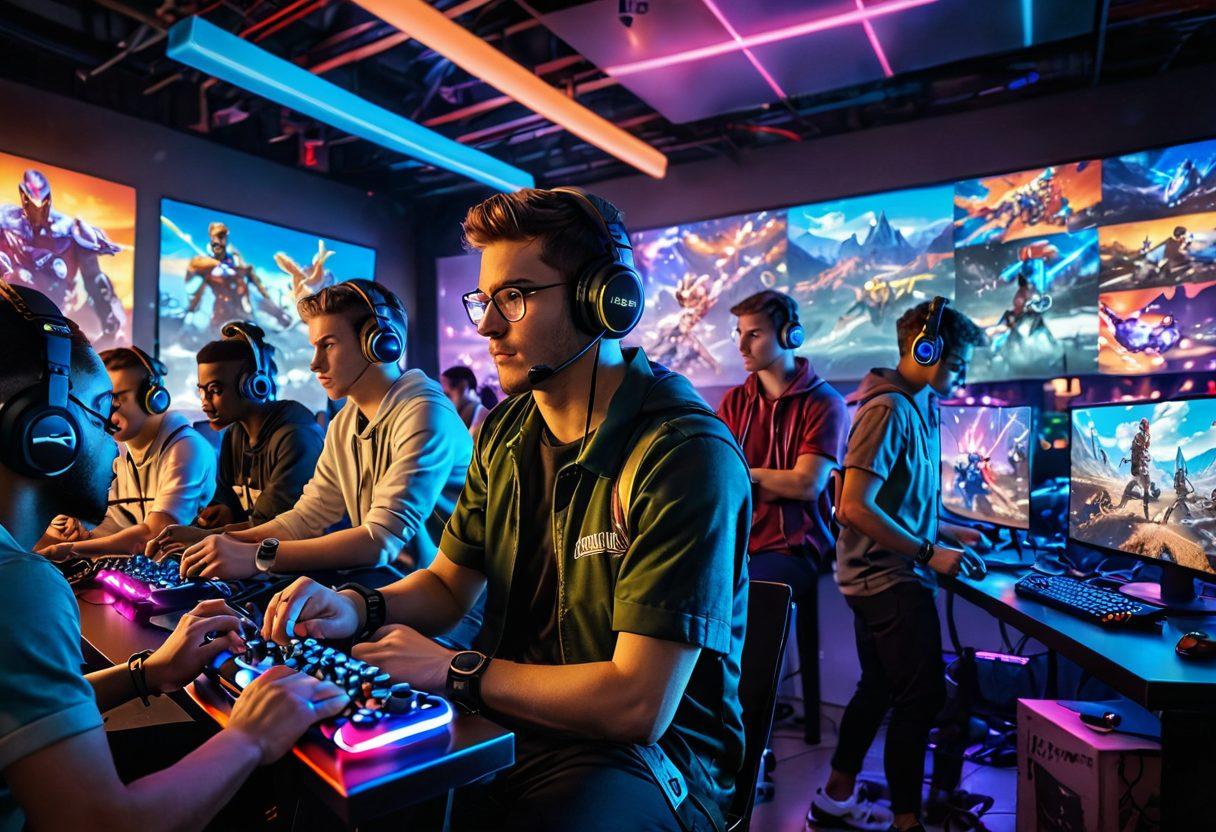 A dynamic and vibrant scene showcasing a diverse group of gamers immersed in action, surrounded by gaming gear like controllers, headsets, and snacks. In the background, an intricate digital landscape filled with gaming characters and iconic landscapes from various games. Neon lights and a burst of colorful energy emanating from the screens, symbolizing excitement and competitiveness. Capture a sense of community and enthusiasm for gaming culture. super-realistic. vibrant colors. dynamic composition.
