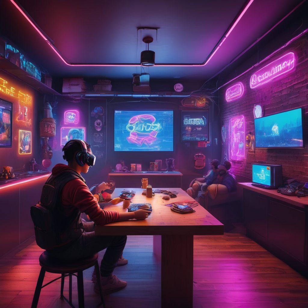An immersive scene illustrating gamers of diverse backgrounds engaging around virtual reality headsets and gaming consoles, vibrant neon displays showcasing popular game characters in the background. Dynamic energy fills the air with floating pixelated symbols and chat bubbles symbolizing community interaction. A cozy setting with gaming posters on walls and snacks on a table, inviting viewers into the exciting world of gaming culture. 3D. vibrant colors. cyberpunk style.